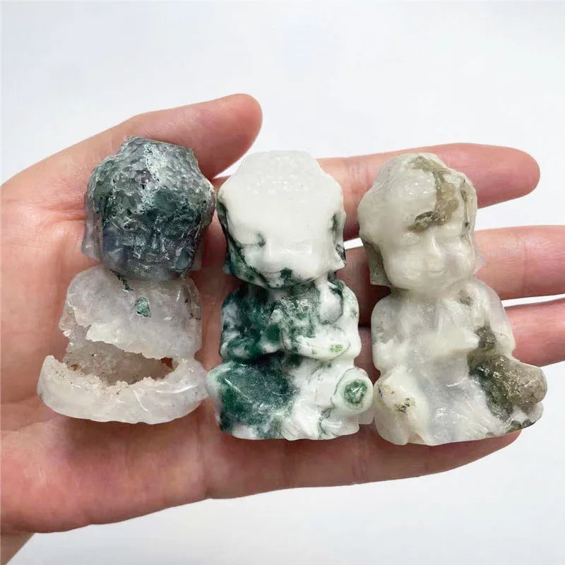 60mm Moss Agate Crystal Buddha Statues Natural Hand Carved Moss Agate Healing Crystal Buddha Head for Home Decoration