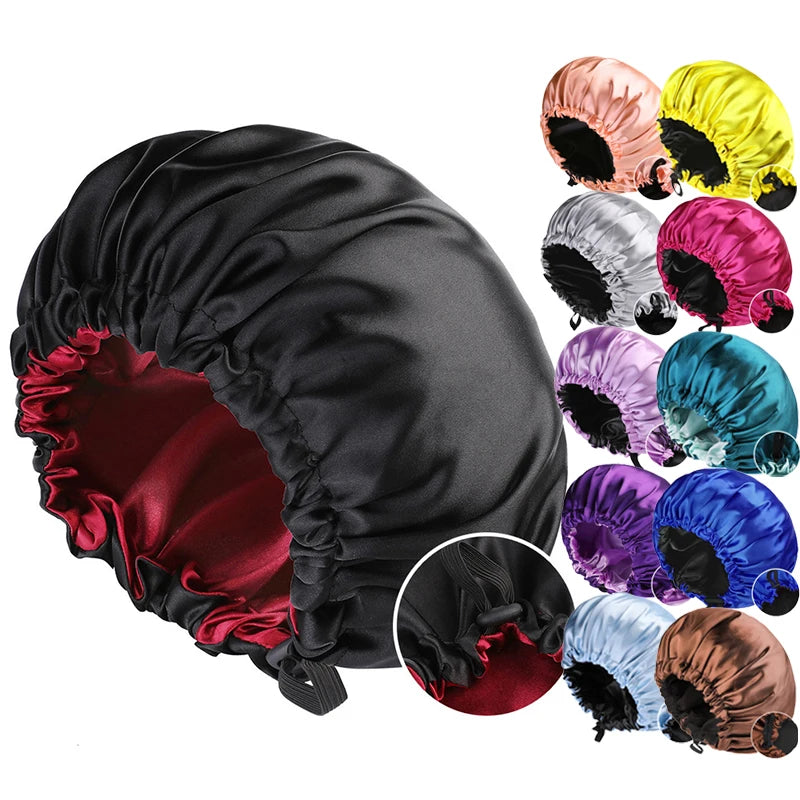 Large Night Cap Adjustable Elastic Double Layer Reversible Hair Silk En Satin Bonnet for Sleeping Women