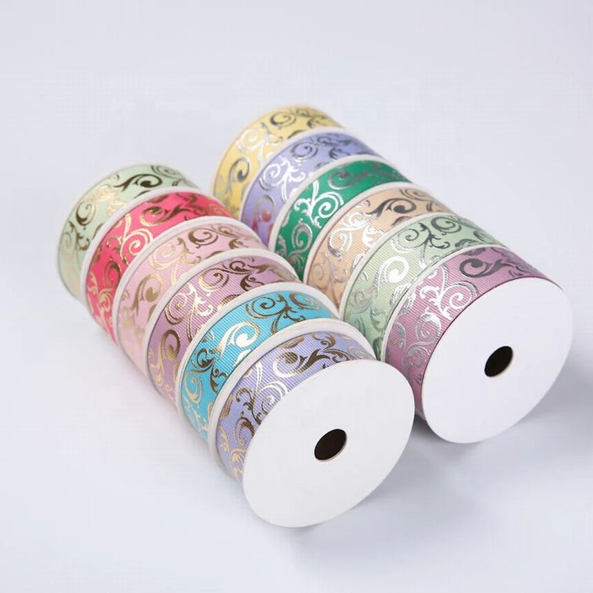 Personalized 1 Inch 25mm Foil Printed Grosgrain Ribbon Strip Luxury 100% Polyester Cut Edge with Custom Flower Size