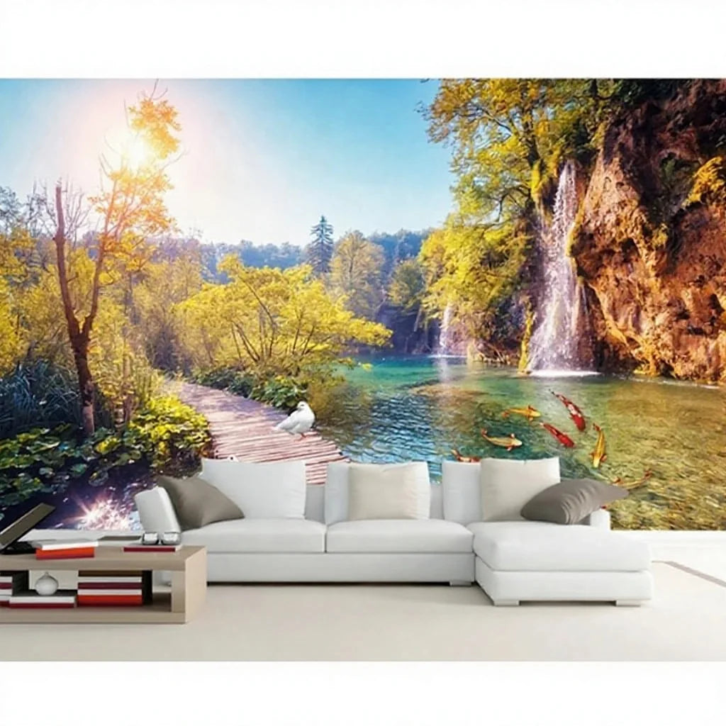Beautiful Modern Stream Wooden Bridge Silk Wallpaper Mural Waterproof Moisture-Proof Features for Living Room Administration Use