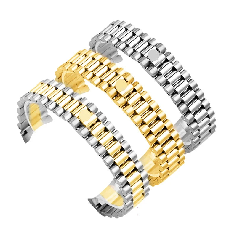 Luxury Charm IP Plated 20mm Stainless Steel Watch Strap Replacement 3 Beads Solid Calendar Watch Bracelet Deployment Clasp