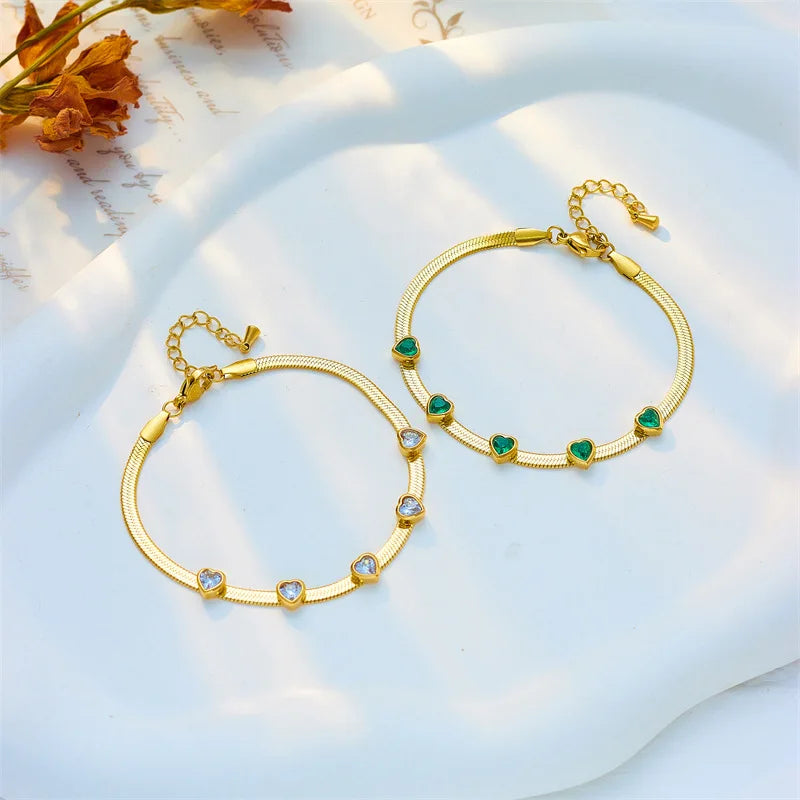 Nabest 18K Gold Plated Stainless Steel Cubic Zircon Heart Charm Bracelet Tarnish Free Women Snake Chain Bracelets Jewelry