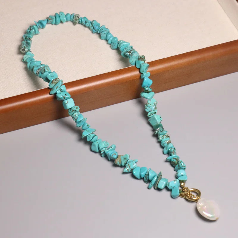 Minimalist Natural Chipped Stone Necklace for Women Freshwater Pearl Pendent OT Clasp Boho Natural Healing Stone Energy Choker