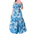 Fasion Summer Off Shoulder Floor Length Dress Casual Butterfly Floral Rainbow Color Printed Pleated Dress for Women