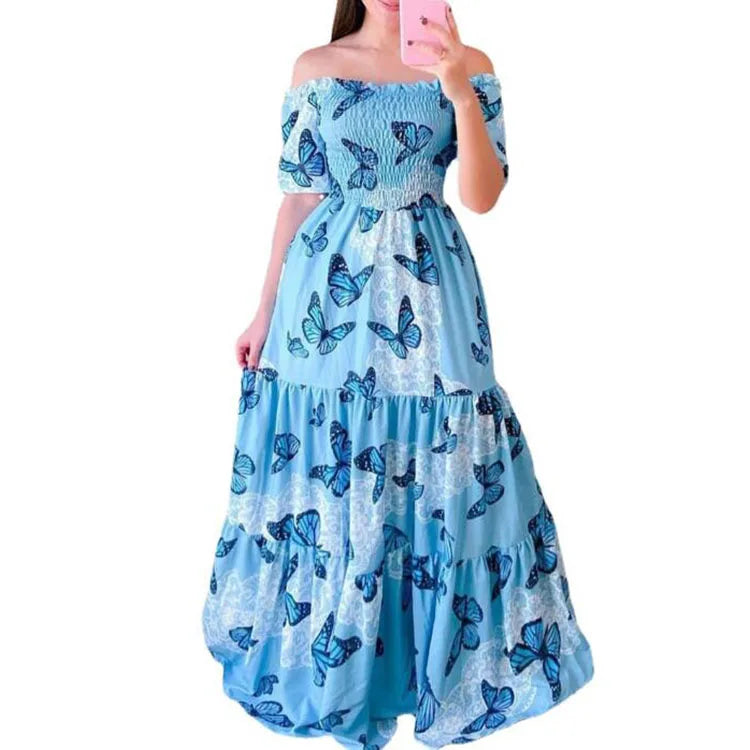 Fasion Summer Off Shoulder Floor Length Dress Casual Butterfly Floral Rainbow Color Printed Pleated Dress for Women