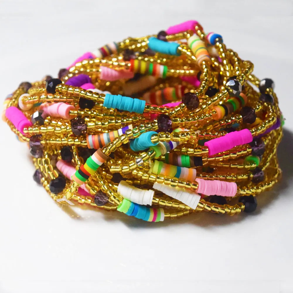 Fertility Coloured Glass Seed Beads Clay Crystal Charm Waist Beads for Women Elastic Stretchy Cord Belly Chain Body Jewelry 80cm