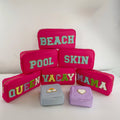Stock Wholesale Personalised Fabric Letter Patches Nylon Zipper Travel Toiletry Cosmetic Bags Nylon Makeup Pouch