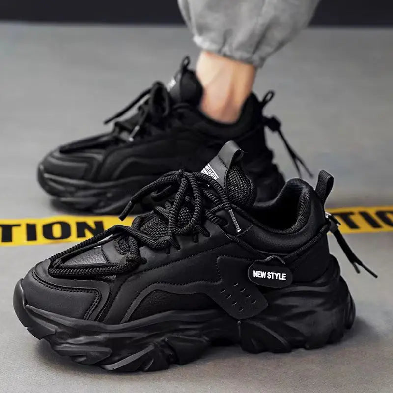 Men Shoes Spring and Summer Leather Trendy Brand Versatile Casual Running Sports Black Dad Trendy Shoes with Thick Soles Inside