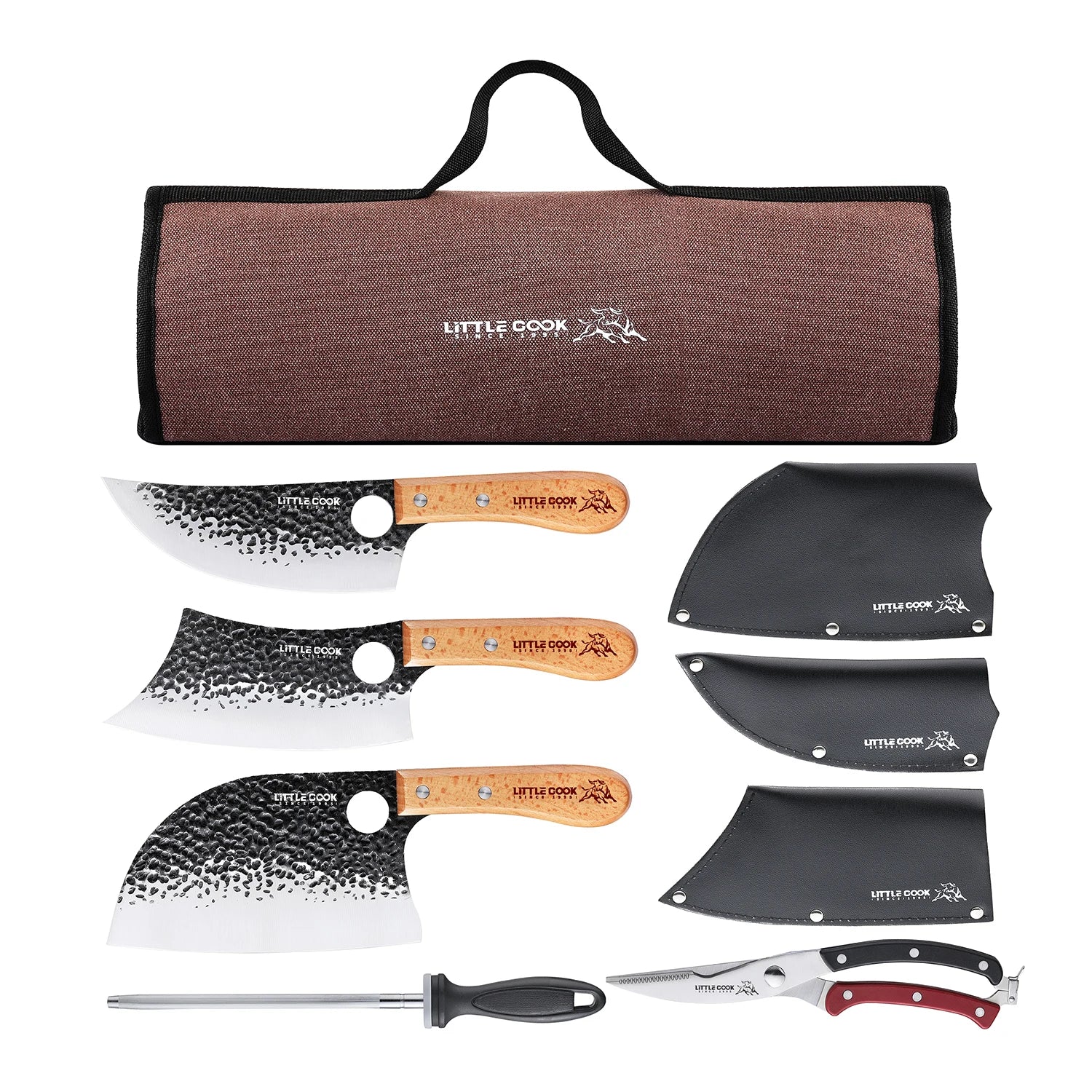 9 PCS Butcher Knife Set with Sheaths and Bag Viking Knife and Meat Cleaver and Heavy Duty Kitchen Scissor and Sharpener Rod