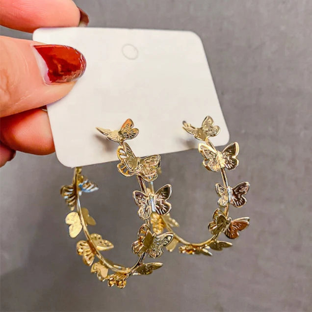 Huitan 18K Gold Plated Bohemian Butterflies Lovely Big Hoop Exquisite Earrings Silver Rose Gold Girls Sweet Gift Earrings Women