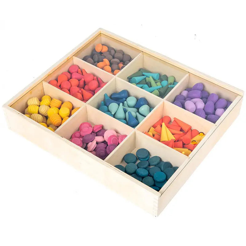 Building Blocks Educational Loose Parts Wood Rainbow Mandala Stack Tree Cones Droplets Honeycomb Mushroom Toys for Boys Girls