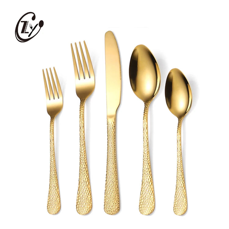 Irregular Hammered Handle Stainless Steel 5PCS Cutlery Set Gold Plated Flatware Set