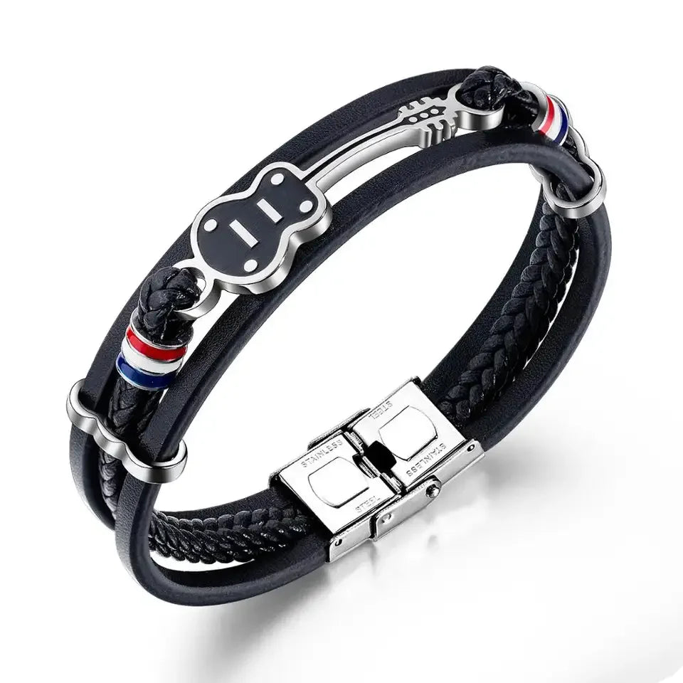 Adjustable Stainless Steel Clasp Rock Music Guitar Charm Multi Layer Woven Leather Wrap Bracelets for Men Jewelry PH1354