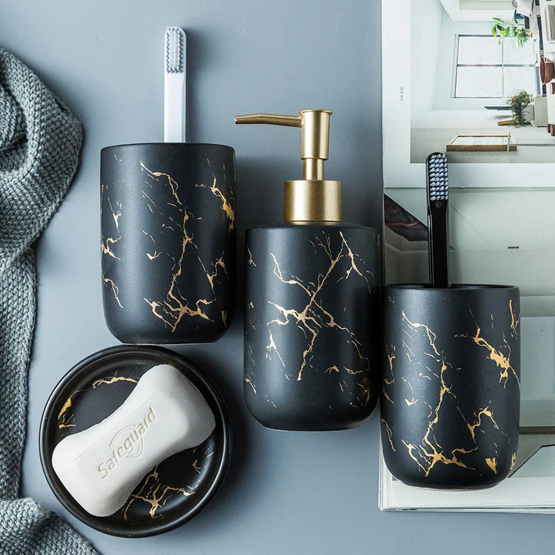 Popular Modern Elegant Blue Five-piece Ceramic Porcelain Stocked Bathroom Accessories Set with Decal on Glaze