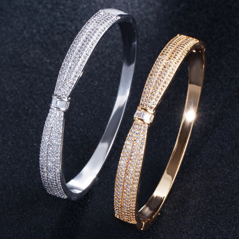 Fashion Jewelry Accessories Shiny CZ Stones Yellow Gold Plated Round Adjustable Bangle for Women Wedding Bridal Luxury Jewellery