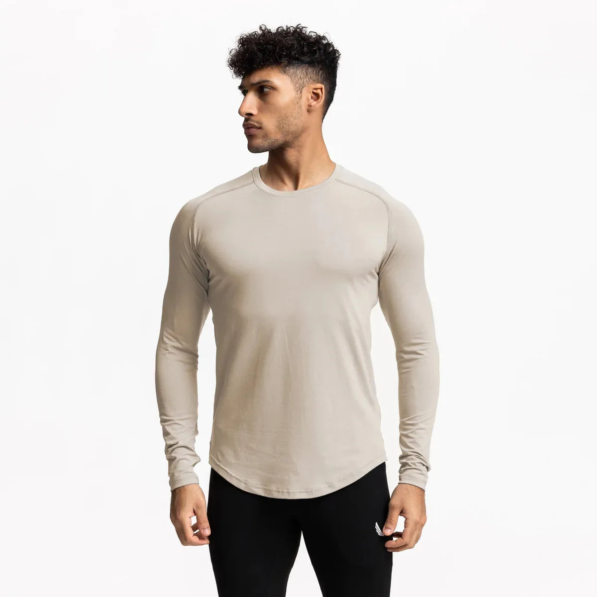 Men's Cotton Spandex Material Quick Running T Shirt Custom Logo Blank Fitness Curved Hem Gym Long Sleeve T Shirts