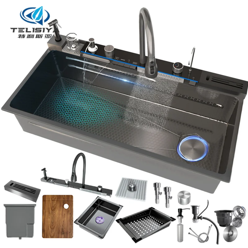 New Trend TELISIYA Black 100X50cm Large Kitchen LED Digital Display Eco-Friendly Dual-Flush Modern Stainless Steel Cup Washer MegaBDM