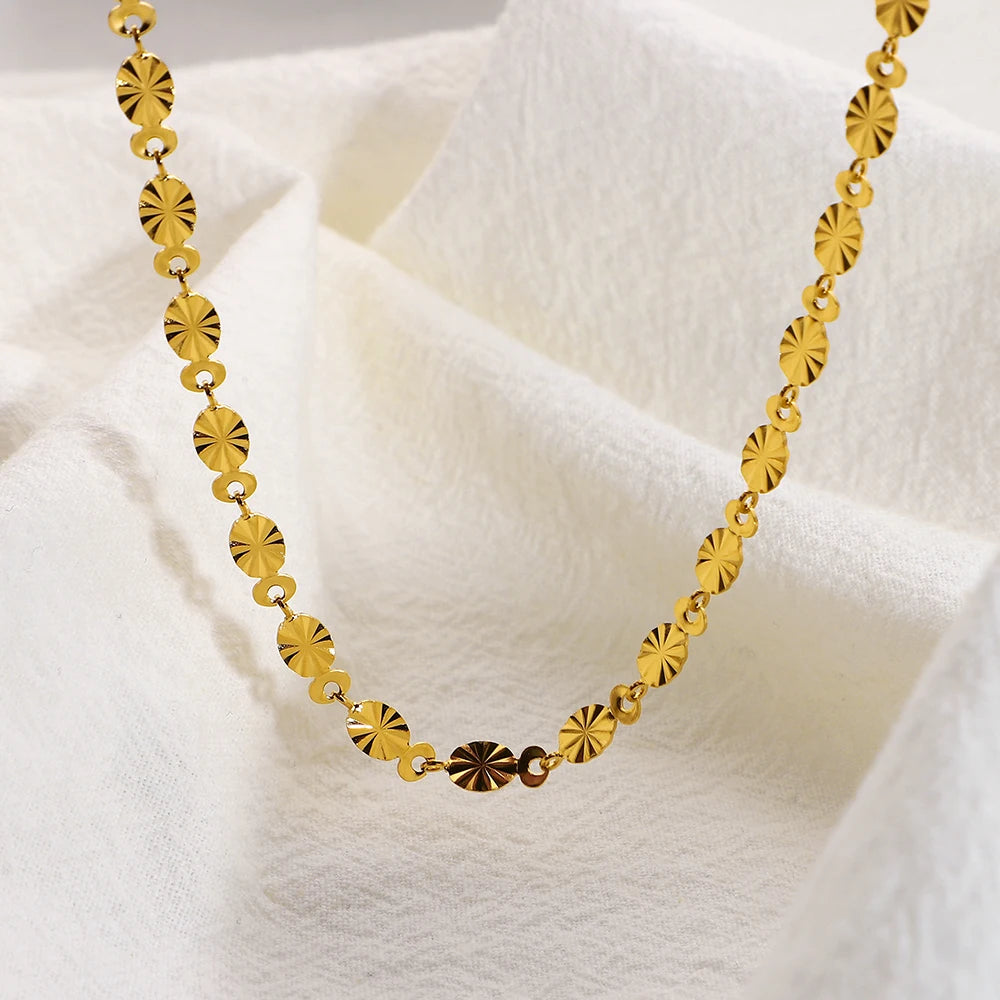 Stylish Oval Chain Necklace 18K Gold Plated Stainless Steel Ova Texture Chain Choker Necklace for Girl Daily Jewelry