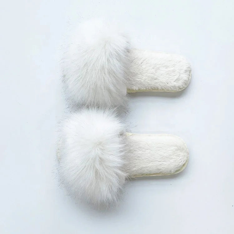 Faux Fur Slide White Lady Slippers Open Toe Fluffy House Indoor Slides Women Fall Winter Slipper