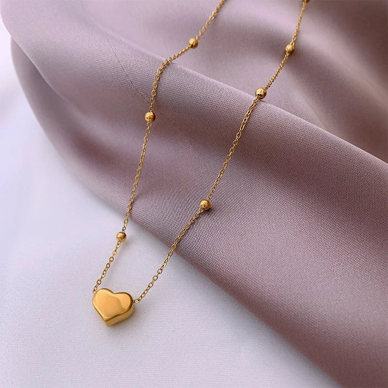 Exquisite 18K Gold Plated Heart Pendant Necklaces Stainless Steel Bead Chain Love Heart Necklace