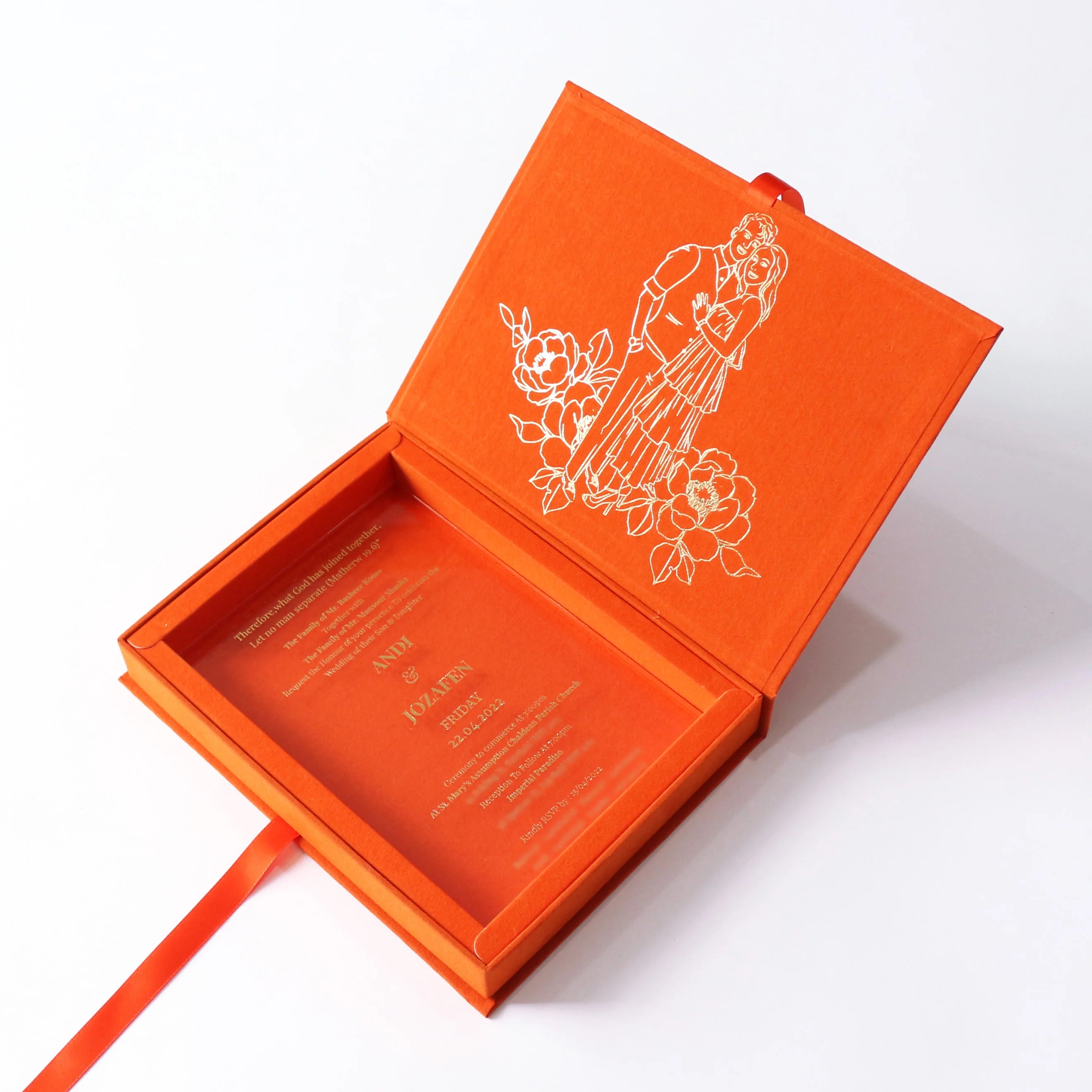 Custom Orange Velvet Box Gold Foil Character Photo Acrylic Wedding Invitation Pink Box Floral Design With Ribbon