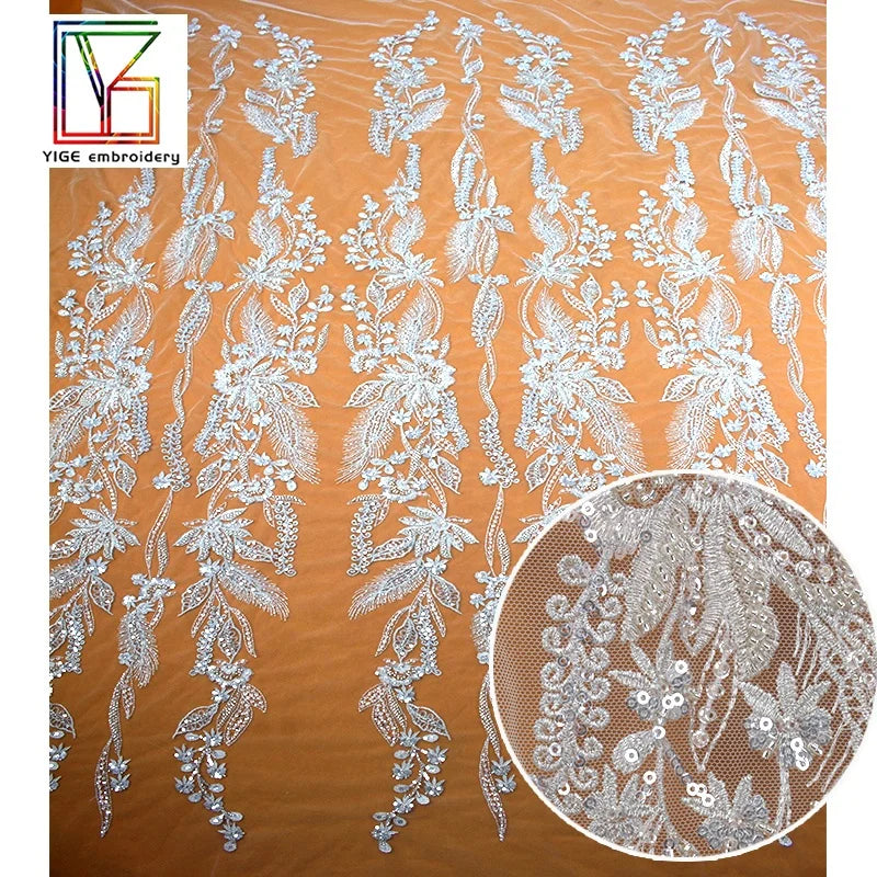 Crystal Sequins Bridal Superior Quality Luxury Embroidery Silver Heavy Bead Wedding Tulle Lace Fabric