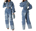 Women's Fashion Washed Distressed Denim Cargo Jumpsuit with Ruffle Sleeve Detail - Multi-Pocket Utility Overall One-Piece Outfit