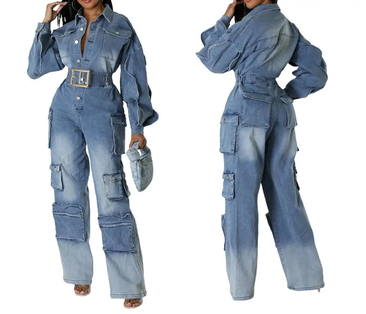 Women's Fashion Washed Distressed Denim Cargo Jumpsuit with Ruffle Sleeve Detail - Multi-Pocket Utility Overall One-Piece Outfit