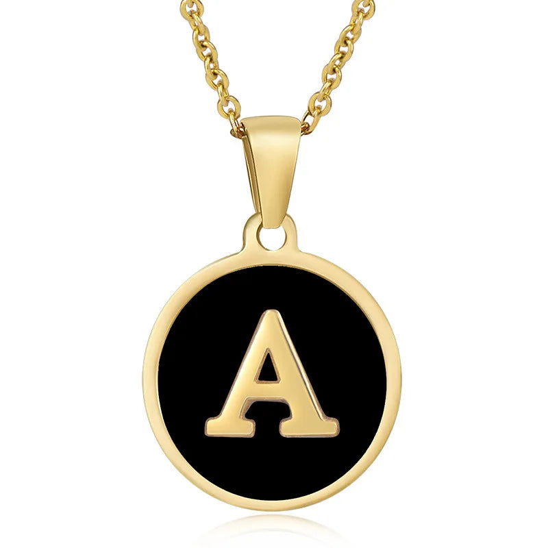 Prendas De Acero Inoxidable Gold Chain Alphabet Round Black Shell 26 Letter Pendant Choker Necklace for Women Jewelry