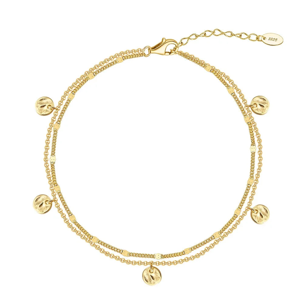 ACME 925 Sterling Silver Elegant Beach Waterproof Anklet Dainty Double Chain with Round Curb  Girls Party Gifts Fashion Trendy
