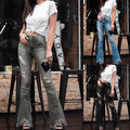 Women's High Waist Slim-Fit Cotton Denim Pants Casual Horn Jeans Holes Button Decoration Solid Color Sizes XL 2XL Straight Style