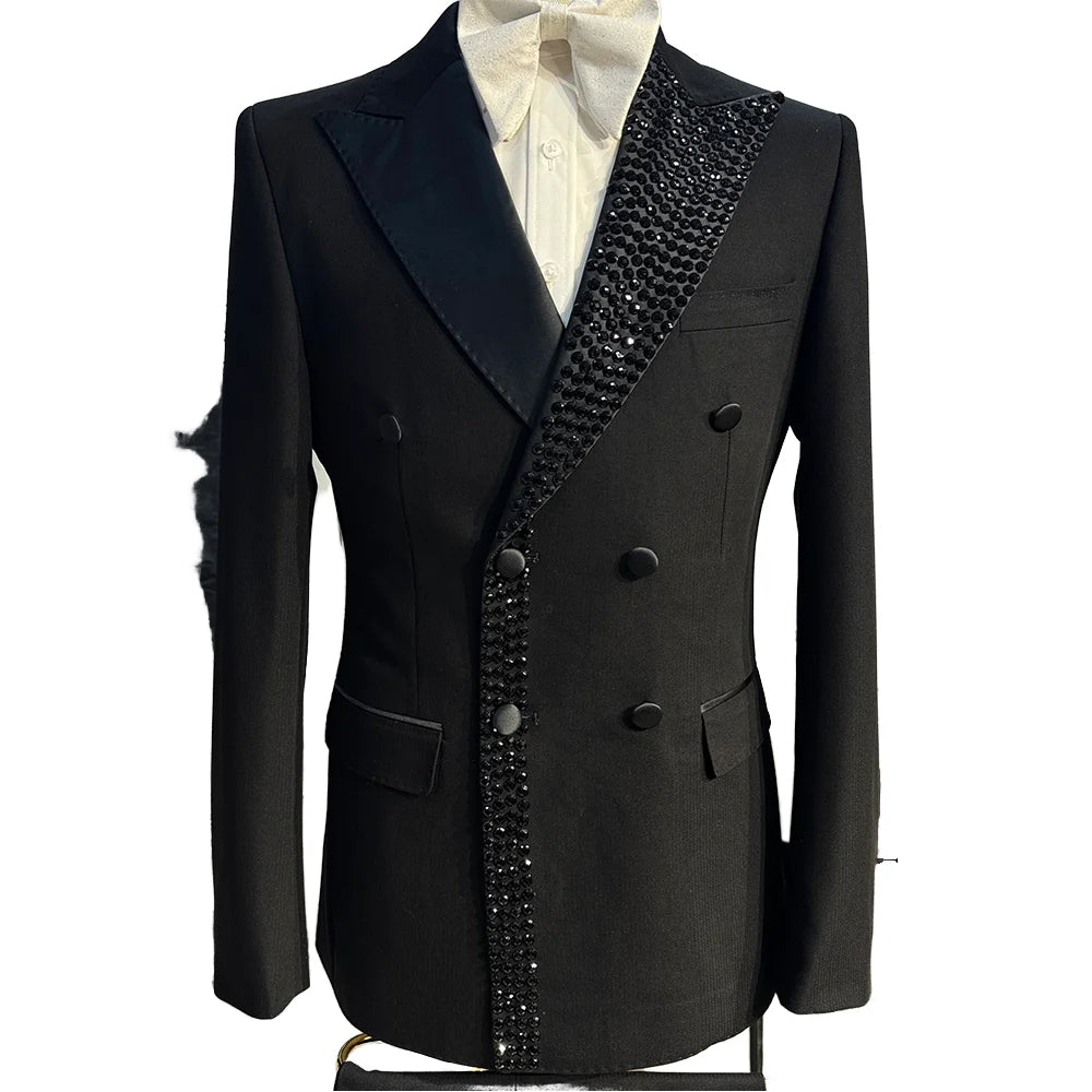 Customized Men's Hand-beaded Lapel Suit Groom Exquisite Double-breasted Breathable Viscose/Polyester Fashion Two-piece Italian