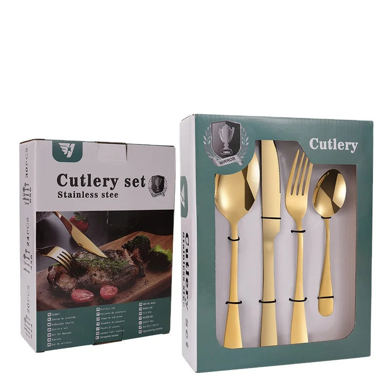 Top Seller Durable Low MOQ 24 Pieces Kitchen Gold Plated Tableware Cutlery Flatware Set With Zipper Bag