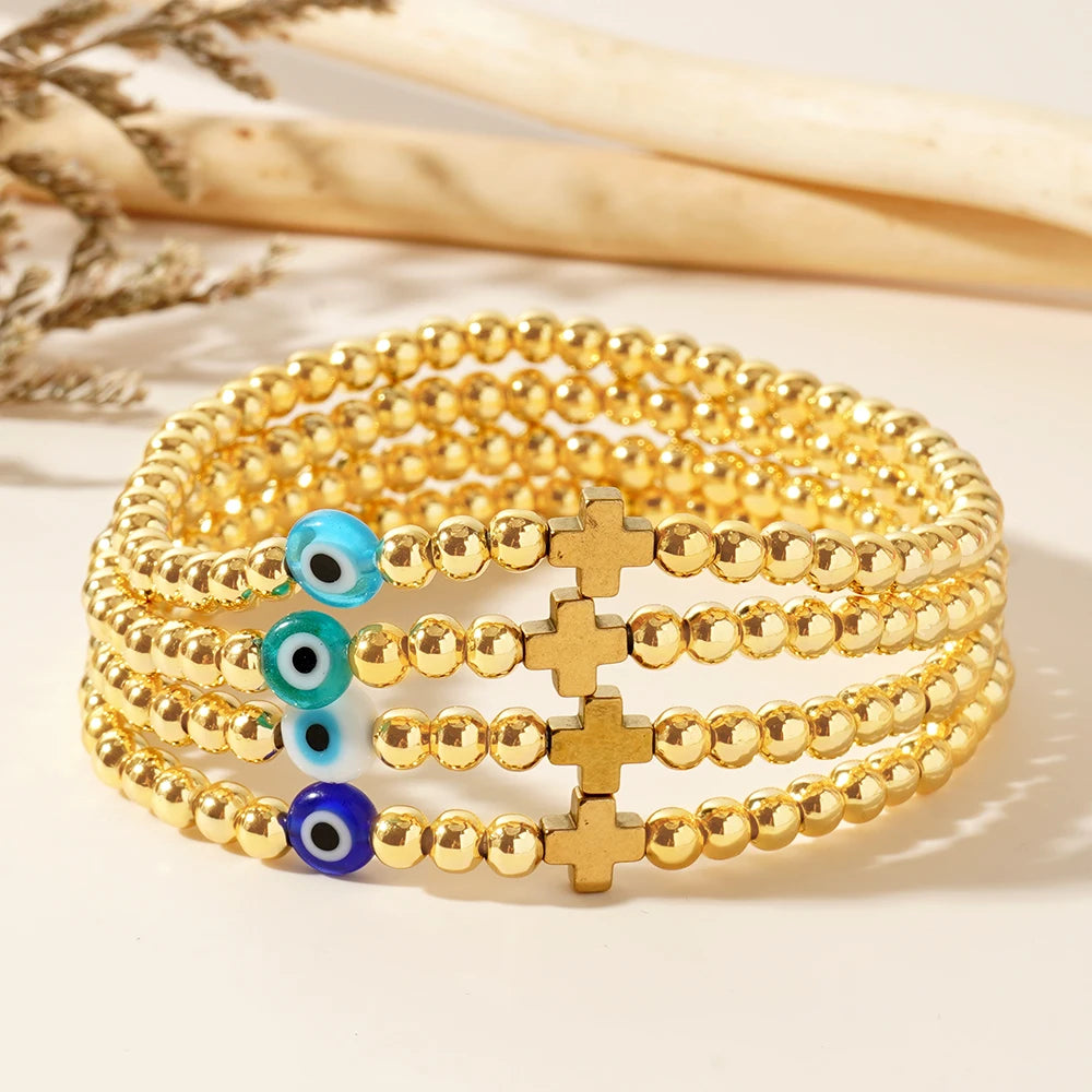 Go2boho Healing Hematite Stone Cross Fashion Jewelry 18K Gold Filled Plated Beaded Bracelets Evil Eye Bracelet for Women Trendy