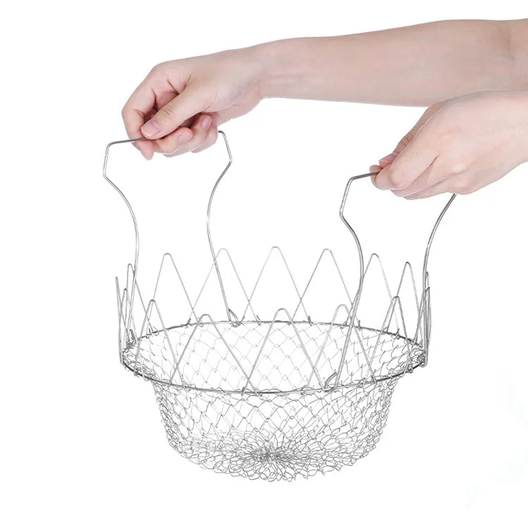 Foldable Stainless Steel Deep Fry Wire Mesh Basket Kitchen Utensils Chef Food Vegetable Rinse Basket Cooking Tool Fryer Strainer
