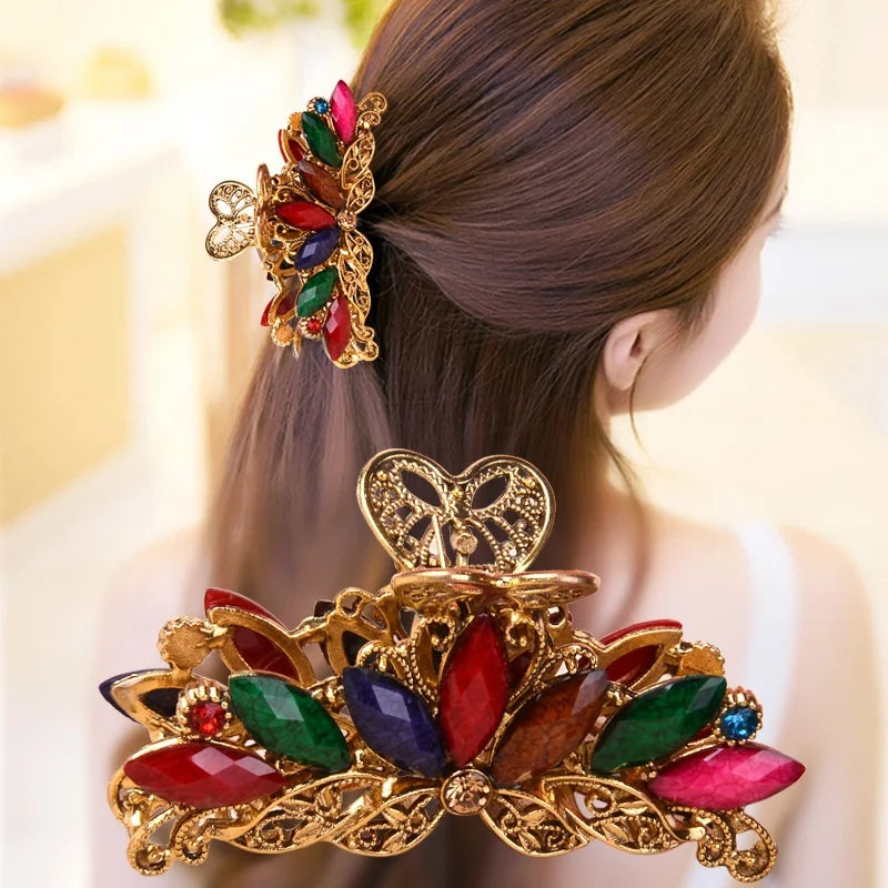 Big Elegant Vintage Metal Hair Clamp Ponytail Holder Crystal Diamond Jeweled Rhinestone Hair Shark Claw Clips for Women