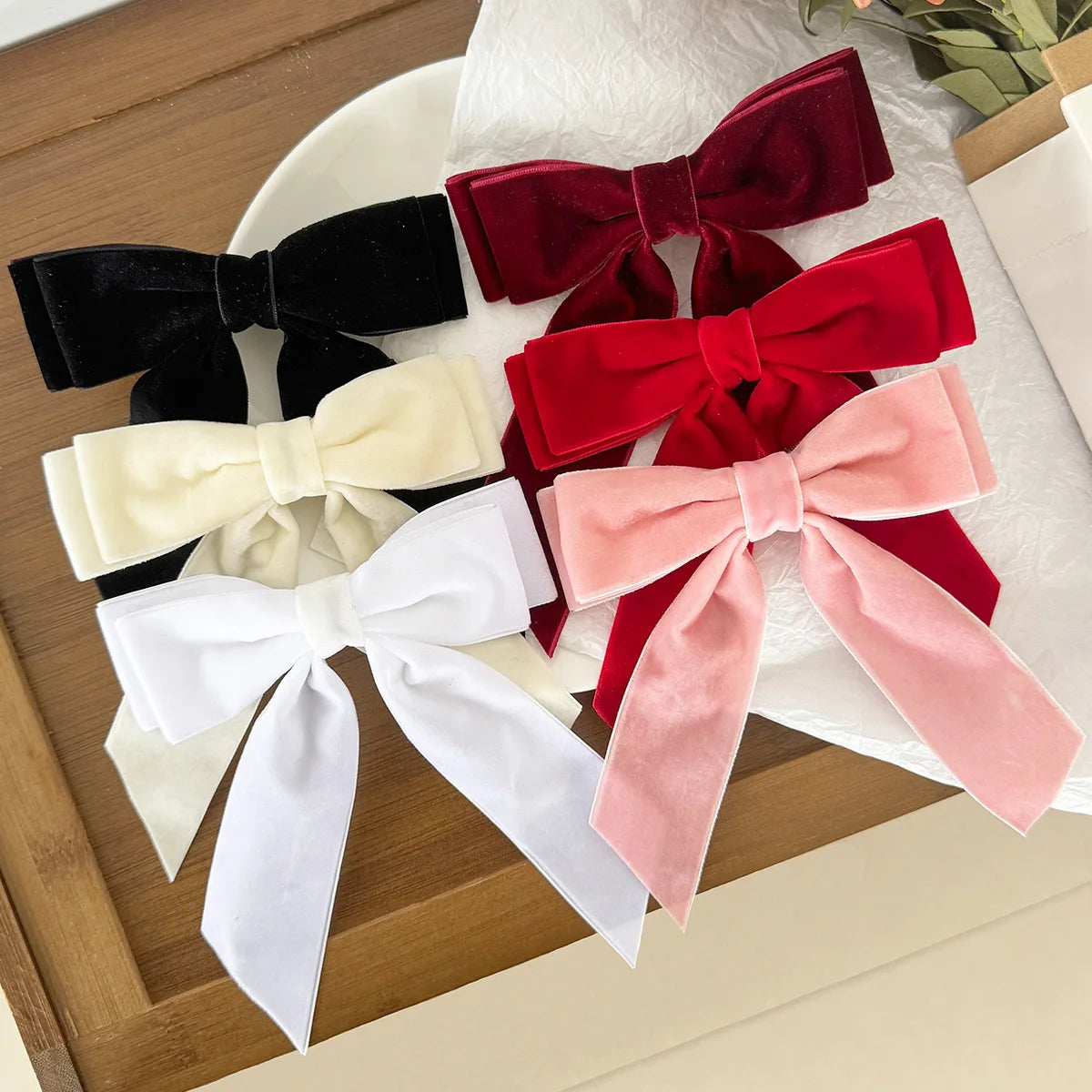 Wholesale Red Velvet Hair Bows for Women and Girls Fabric Ponytail Long Ribbon Hair Bow Clips School Accessories for Kids