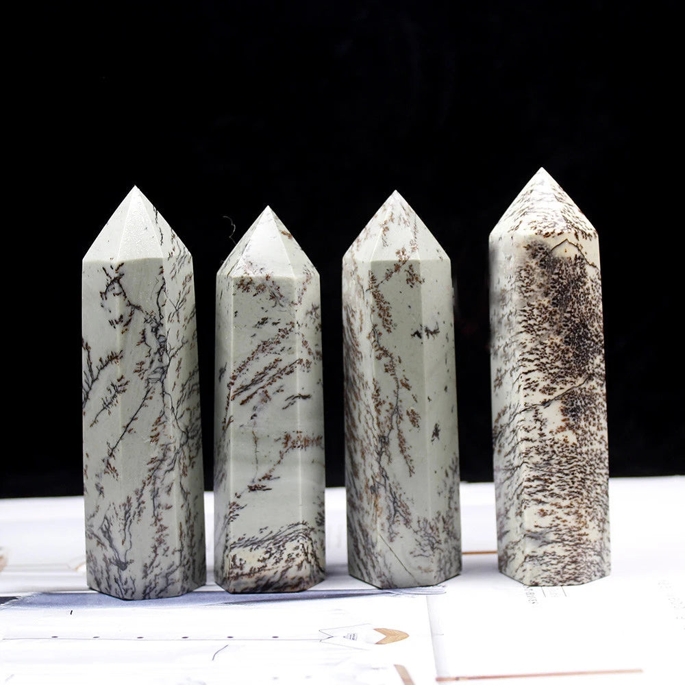 Natural Dendritic Pine Jasper Crystal Wand Tumbled Gemstone with Hexagonal Faceted Prism Polished Reiki Chakra Stone