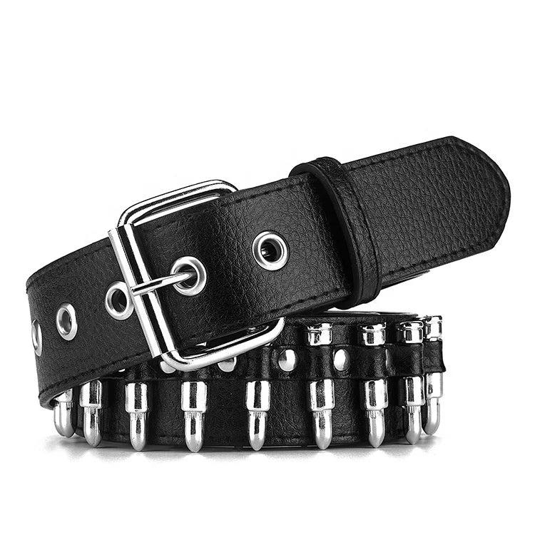 Roller Prong Buckle Black Punk Womens PU Leather Men Bullet Studded Belt 3.8CM/1.5'' Width 110cm