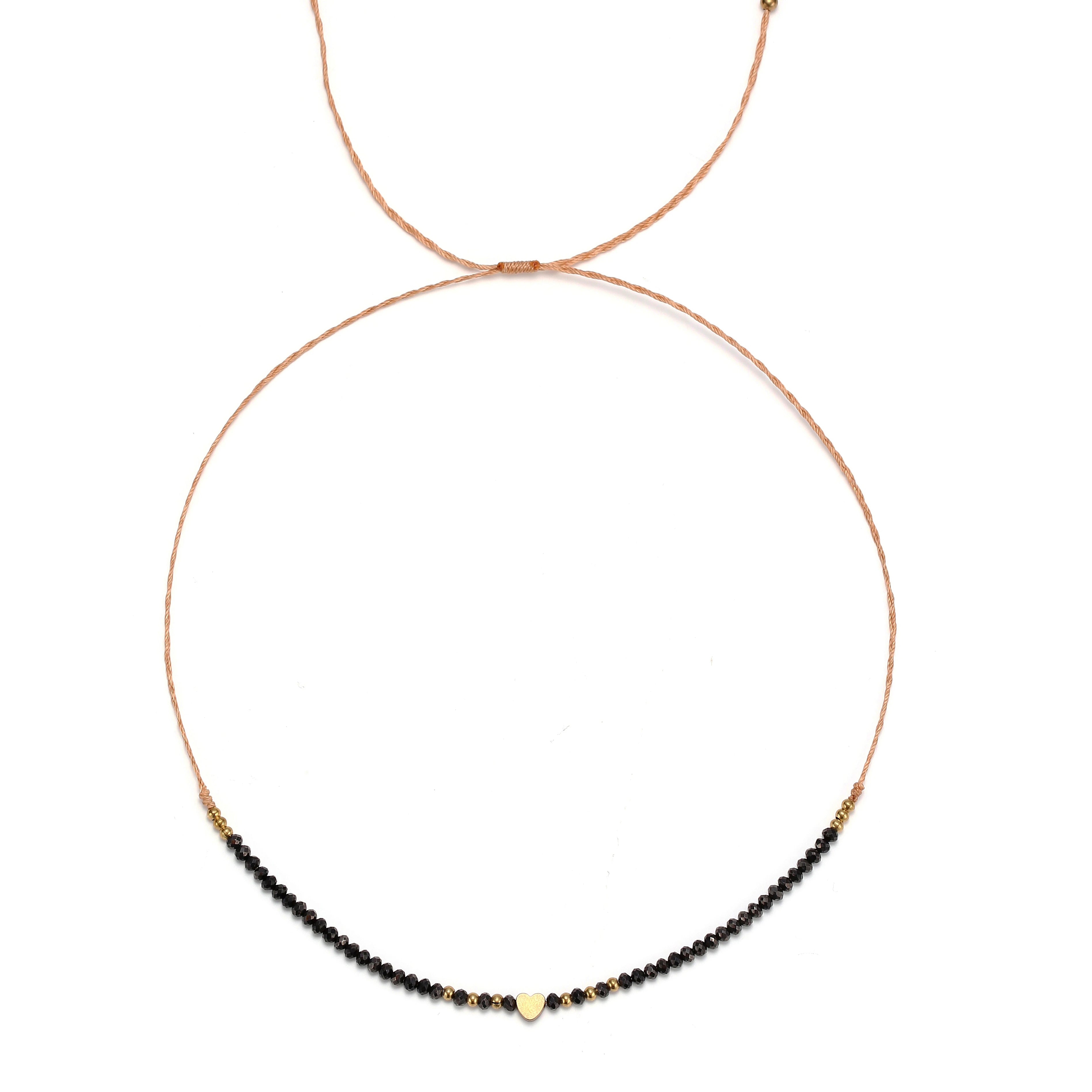 Handmade Minimalist Bohemian Copper Heart Charm Necklace Wax Rope Braided with Glass Crystal Beads Adjustable for Weddings