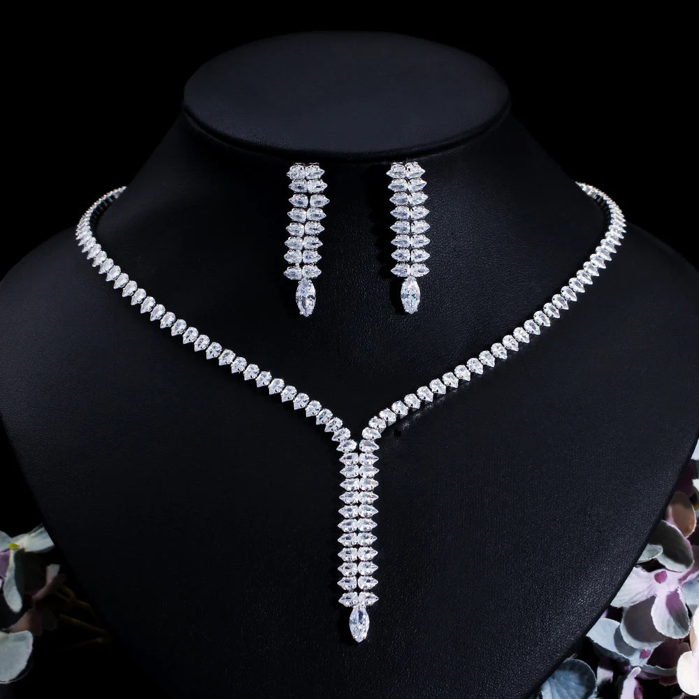 Bling CZ Cubic Zircon Silver Plated Water Drop Stone Necklace Earrings Jewelry Sets Fashion Women Wedding Party Dress Accessory