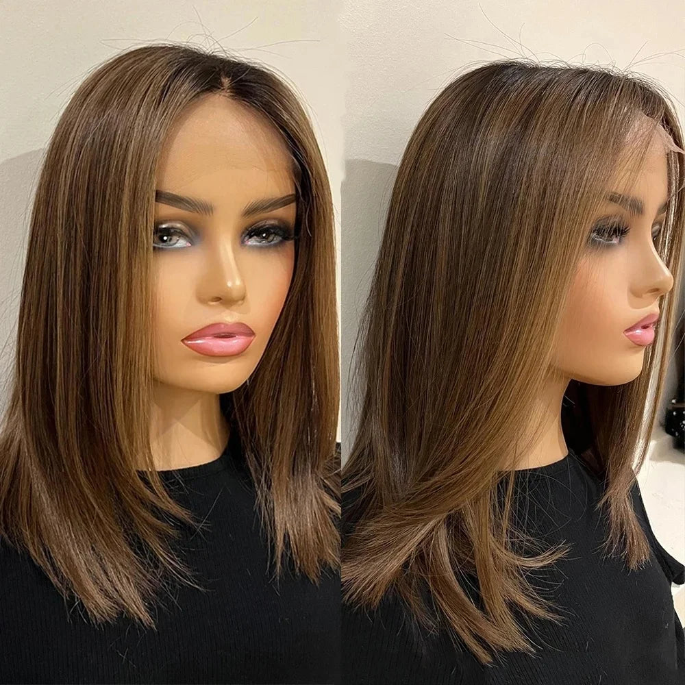 Layer Cut Brown Highlight Color Short Bob Wig Virgin Brazilian Cuticle Human Hair Transparent HD Lace Front Wigs