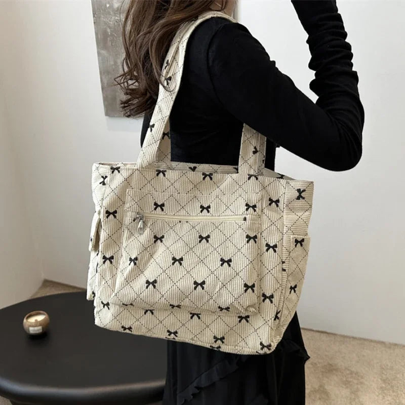 Retro Sweet Bow Women Corduroy Shoulder Bag Large Capacity Female Shopping Bags Multi-pocket Ladies Travel Tote Purse Handbags MegaBDM