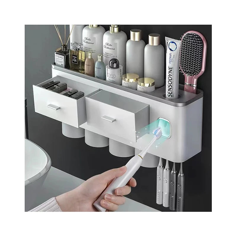 Modern Plastic Two-Piece Wall Mounted Toothbrush Holder with Toothpaste Dispenser Eco-Friendly for Bathrooms