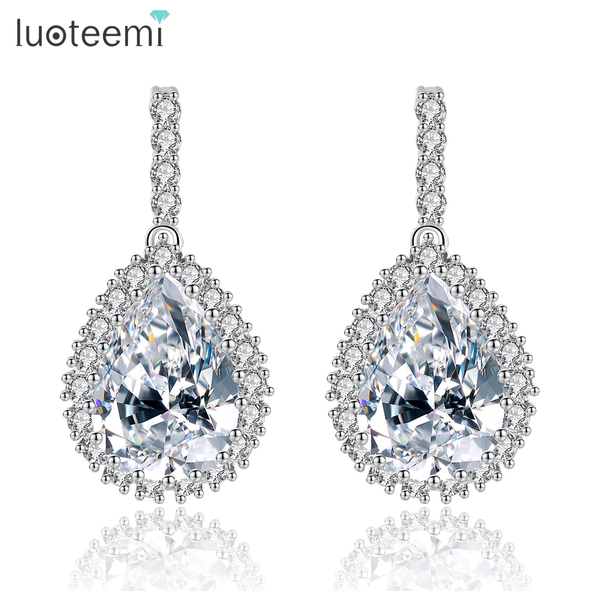 LUOTEEMI Brand Wholesale Luxury Rhodium Plated 3A Cubic Zirconia Tiny Clear CZ Women Wedding Bridal Earrings Waterdrop