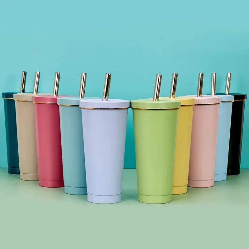 7500ml 500ml Stainless Steel Insulated Mug With Lid and Straw Gold Rim Metal Travel Beer Cup Tumbler