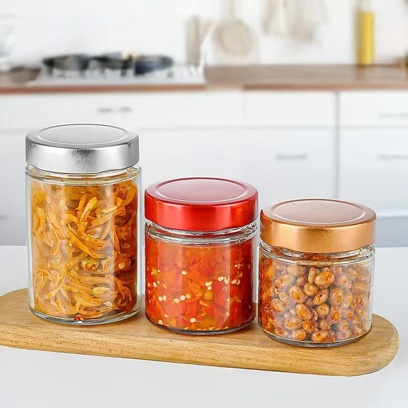 Straight Round Empty Canned Food Glass Jar Airtight Containers for Pickling Chutney Jam Storage Pudding Yogurt with Tinplate Cap