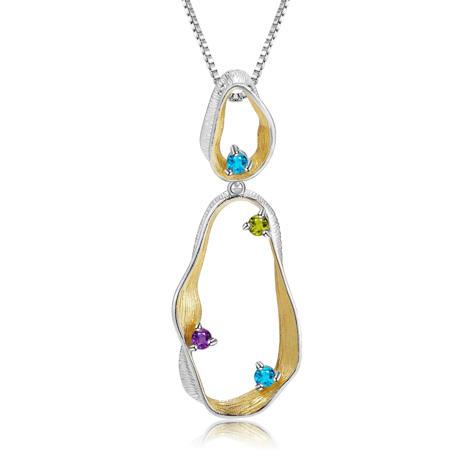 Abiding Geometric Custom 925 Sterling Silver Blue Topaz Amethyst Peridot Gemstone Gold Plated Pendant Necklace