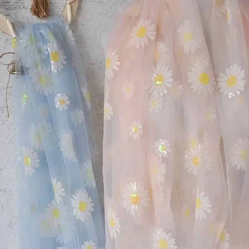 Soft Daisy Sequins Flowers for Bridal Veils Tutu Dress Sequins Embroidered Fancy Lace Tulle Fabric