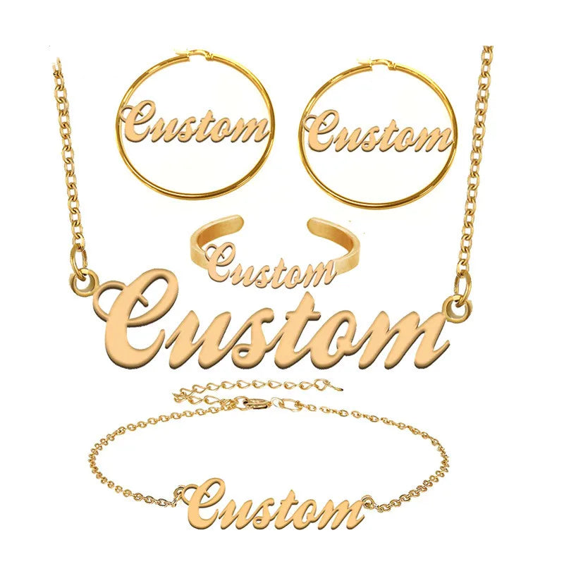 Personalized Name  Bracelet Earrings Set Non Tarnish 18k Gold Plated Stainless Steel Waterproof Name Letter Pendant Necklace